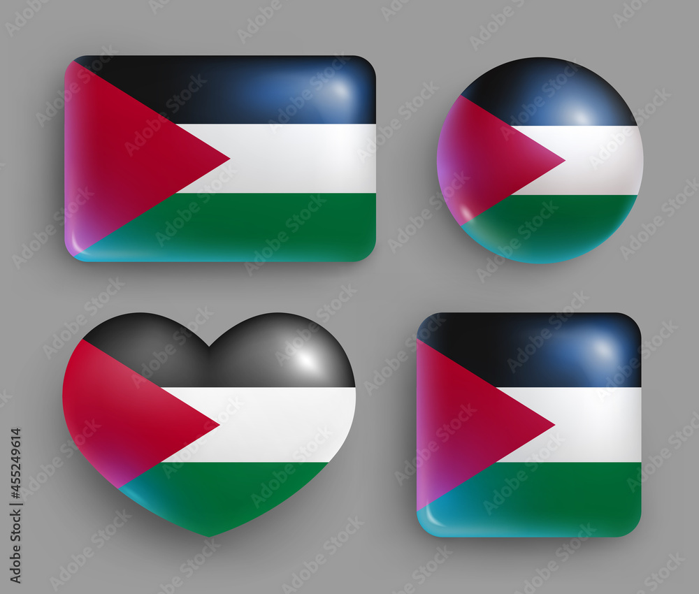 Set of glossy buttons with Palestine country flag. Middle East country national flag, shiny geometric shape badges. Palestine symbol in patriotic colors realistic vector illustration Set of glossy buttons with Palestine country flag. Middle East country national flag, shiny geometric shape badges. Palestine symbol in patriotic colors realistic vector illustration