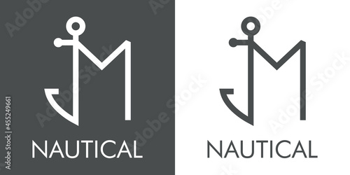 Logotipo con texto Nautical y silueta de ancla de barco con forma de letra inicial M con lineas en fondo gris y fondo blanco