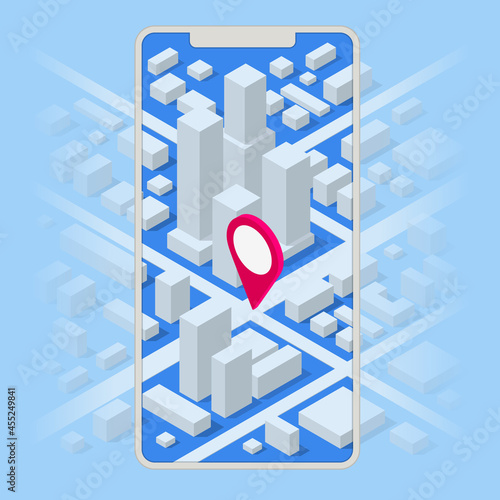 Isometric location track app on touchscreen smartphone. Street map with GPS Navigation. City navigation map with pin.