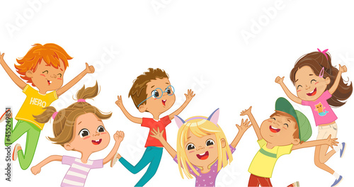 Group cheerful jumping preschool kids rejoicing enjoying happy childhood having positive emotion vector flat illustration. Adorable casual boys and girls have fun together horizontal banner isolated