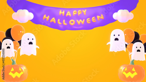 3d rendered cartoon cute ghost halloween balloons party with copy space.