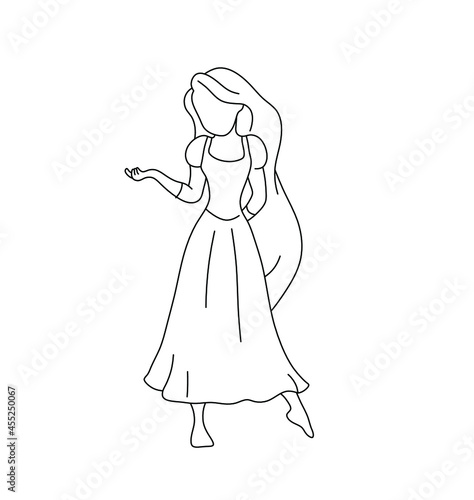 Vector icolated cute cartoon fairy princess contour line drawing. Cute cartoon girl with long hair. Faceless cartoon character girls drawing photo