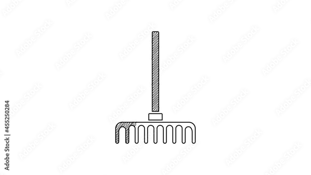 Black line Garden rake icon isolated on white background. Tool for horticulture, agriculture, farming. Ground cultivator. 4K Video motion graphic animation Black line Garden rake icon isolated on white background. Tool for horticulture, agriculture, farming. Ground cultivator. 4K Video motion graphic animation
