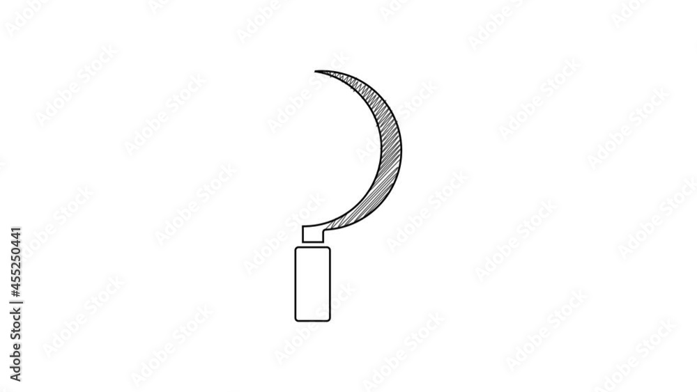 Black line Sickle icon isolated on white background. Reaping hook sign. 4K Video motion graphic animation