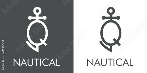 Logotipo con texto Nautical y silueta de ancla de barco con forma de letra inicial Q con lineas en fondo gris y fondo blanco