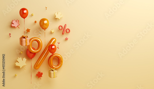 Autumn sale background with percent symbol balloon, maple leaves, gift box, copy space text, 3D rendering illustration