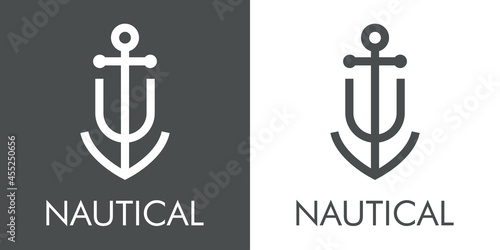Logotipo con texto Nautical y silueta de ancla de barco con forma de letra inicial U con lineas en fondo gris y fondo blanco