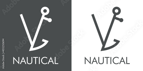 Logotipo con texto Nautical y silueta de ancla de barco con forma de letra inicial V con lineas en fondo gris y fondo blanco