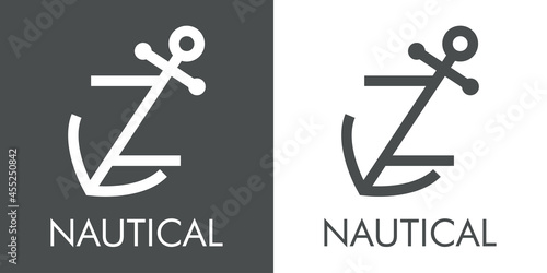 Logotipo con texto Nautical y silueta de ancla de barco con forma de letra inicial Z con lineas en fondo gris y fondo blanco