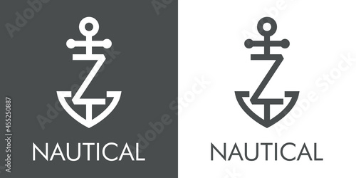 Logotipo con texto Nautical y silueta de ancla de barco con forma de letra inicial Z con lineas en fondo gris y fondo blanco