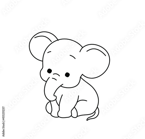 Vector illustration cute cartoon baby elephant. Contour black outline drawing of small elephant for tattoo, print, pattern, children coloring page.