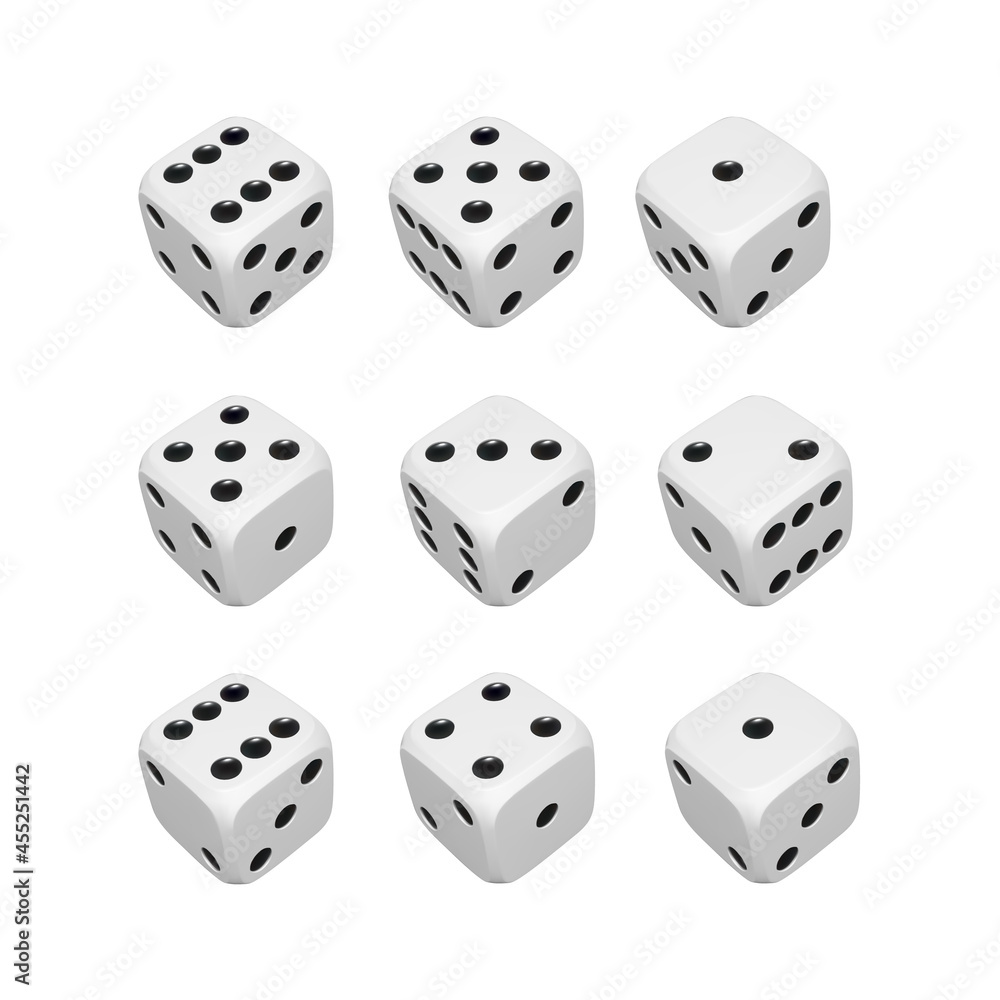 Set of 3d dice. Render white realistic dices. Casino and betting background. Vector Set of 3d dice. Render white realistic dices. Casino and betting background. Vector