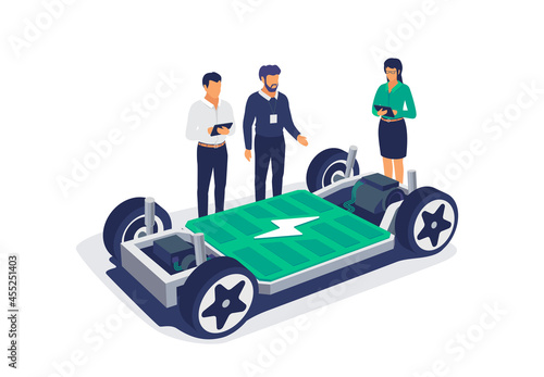 Electric car chassis battery platform skateboard module pack board. Automobile engineers working with tablet computer solving problem. Vehicle components battery pack, motor powertrain, controller.