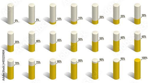 Set of cylinders diagrams for infographics in the form of coins. Percentages from 0 to 100 in increments of 5. Vector illustration.