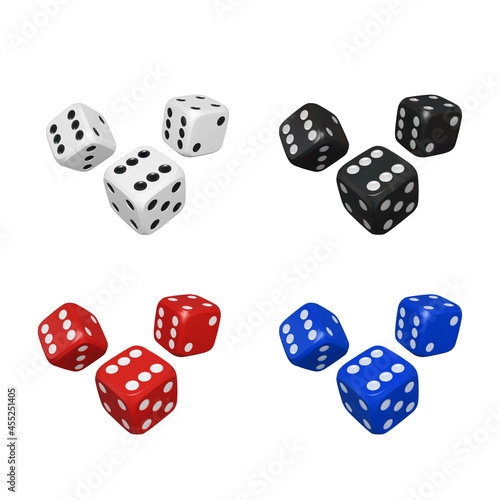 Set of 3d color dices. Render realistic dice. Casino and betting background. Vector