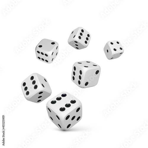 Dice. Render white realistic dices. Casino and betting background. Vector