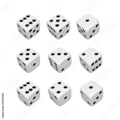 Set of 3d dice. Render white realistic dices. Casino and betting background. Vector
