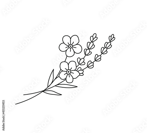 Vector isolated tiny flower bouquet drawing. Simple cute colorless line bouquet doodle sketch. 