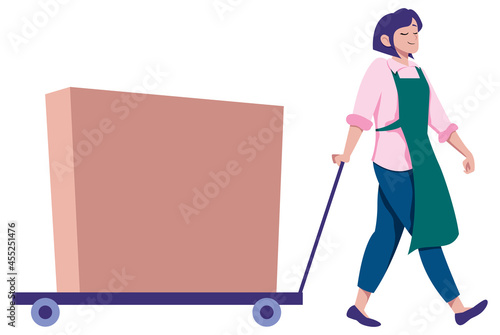 Woman Pulling Cart with Box