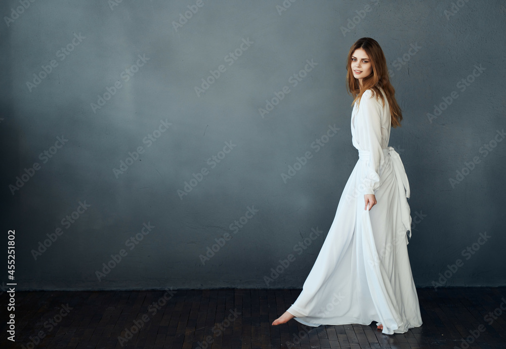cheerful Woman in white dress dance elegant style luxury romance cheerful Woman in white dress dance elegant style luxury romance