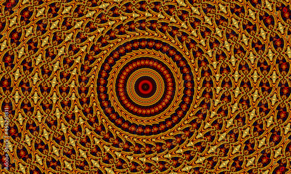 Obraz premium Orange rays stars on black retro textured pattern 70s. Abstract unique kaleidoscope background. Beautiful kaleidoscope seamless pattern. Seamless kaleidoscope texture