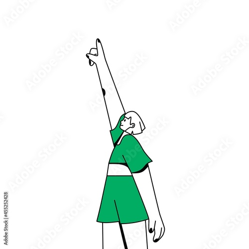 Girl looking up, indicating at upward direction and watching smth in sky. Child with head up pointing at smth with index finger. Flat vector illustration of spectator isolated on white background