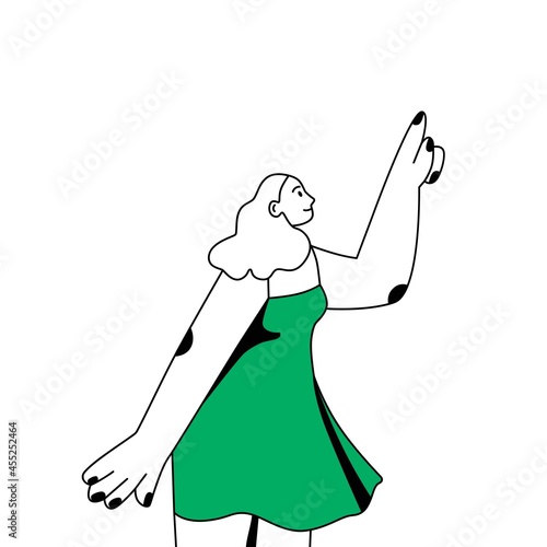 Young woman looking up and indicating at smth with hand. Happy person watching upward and pointing with index finger raised to sky. Flat vector illustration isolated on white background
