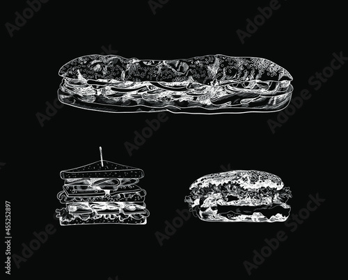 Vector Chalk Sketched Drawings, Long Sub Sandwich, Triangle Sandwich and Burger, White Lines Illustration, Outline, Fast Food Illustration Isolated on Black Background, Detailed Hand Drawn Food.