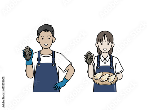 漁師　牡蠣　カキ　収穫　男女　イラスト素材