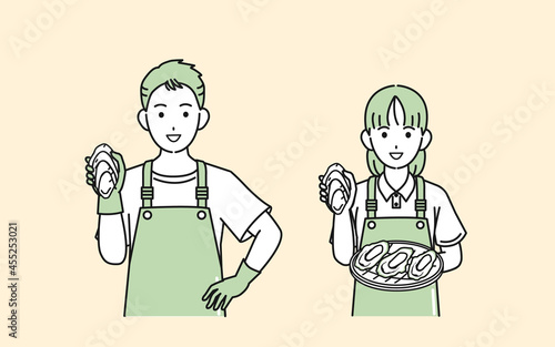 漁師　牡蠣　カキ　収穫　男女　イラスト素材