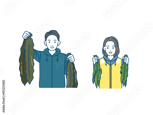 漁師　昆布　ワカメ　海藻　収穫　男女　イラスト素材