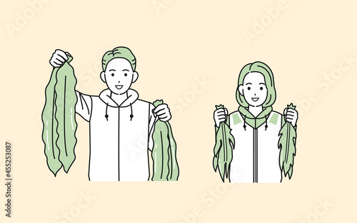 漁師　昆布　ワカメ　海藻　収穫　男女　イラスト素材