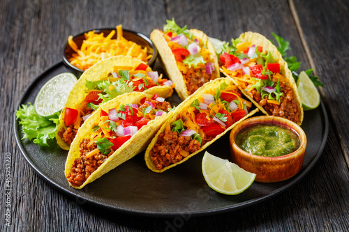 Ground Beef Tacos on a plate, top view