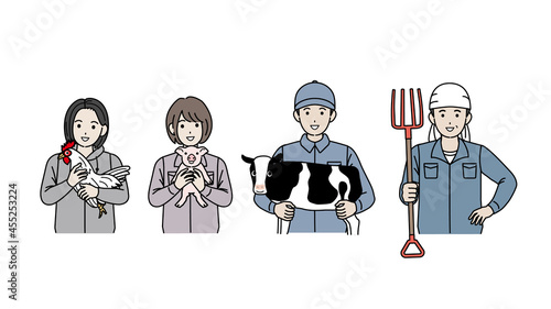 畜産農業　酪農家　養鶏　養豚　飼育員　男女　イラスト素材