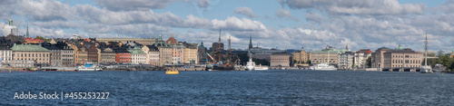 Panorama view over the inner harbor of Stockholm with the old sailing replica of the Swedish East Indiaman Götheborg