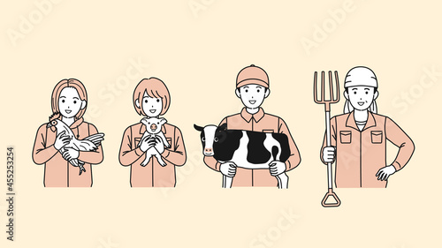 畜産農業　酪農家　養鶏　養豚　飼育員　男女　イラスト素材