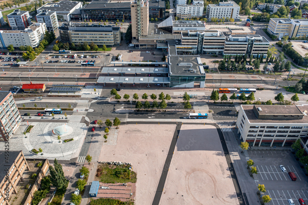 Aerial view of the Espoo Center neighborhood and Espoon Keskus Railway Station, Finland.