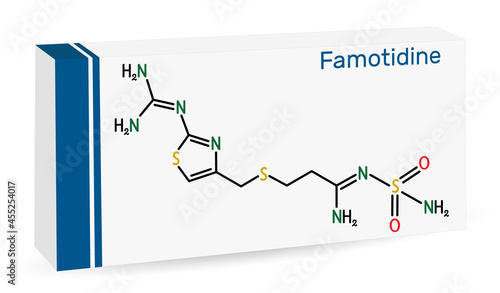 Famotidine, molecule. It is used for treatment of peptic ulcer disease, heartburn, gastroesophageal reflux disease. Skeletal chemical formula. Paper packaging for drugs