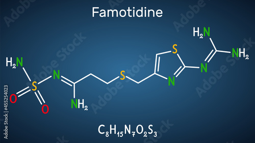 Famotidine, molecule. It is used for treatment of peptic ulcer disease, heartburn, gastroesophageal reflux disease. Structural chemical formula on the dark blue background