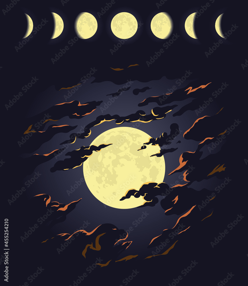 Collection for halloween, including vector images of the moon in the clouds in black, orange and yellow colors and different phases of the moon
