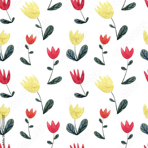 seamless pattern with bright watercolor red, yellow and crimson color tulip flowers on white background