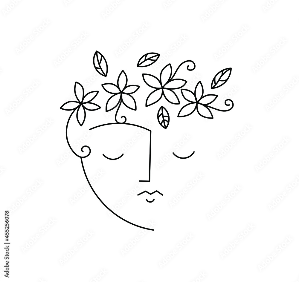 Vector isolated abstract head line drawing. Head with floral wreath