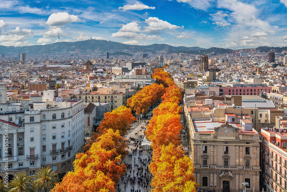 Barcelona Spain, high angle view city skyline at La Rambla street with autumn foliage season - obrazy, fototapety, plakaty 