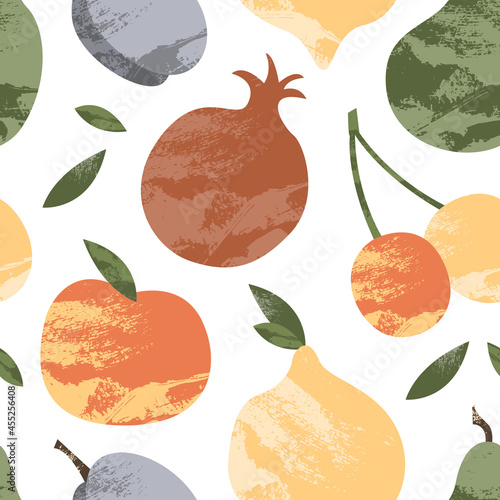 Seamless pattern with cute apple, plum, pear, lemon, cherry, pomegranate. Fruit background. Vector flat cartoon illustration, perfect for kids textile, fabric, wrapping paper