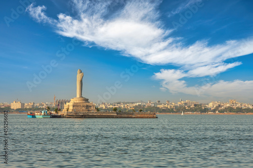Hyderabad India, city skyline at Buddha statue in the Hussain Sagar photo