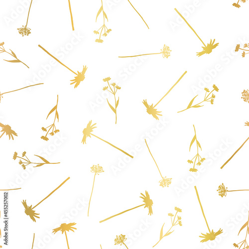 Floral seamless vector pattern metallic gold foil effect. Golden flowers on white background wild grass flowers elegant. Delicate nature print for fabric, gift wrap, wallpaper, birthday, wedding.