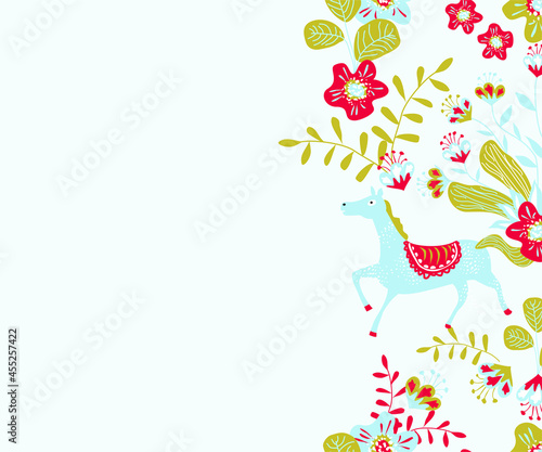 Vector background with folklore drawings of animals and flowers. Horses with botanical designs. Blank for printing and design