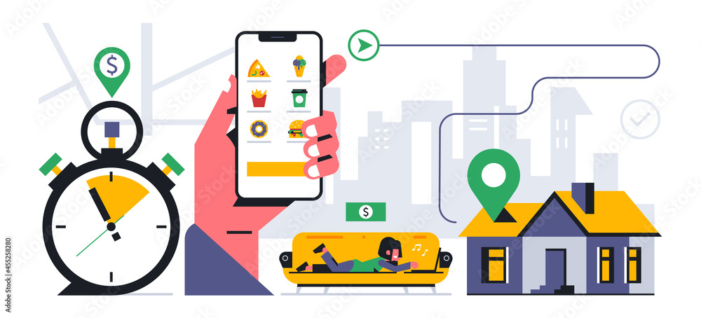 Online food delivery service to your home. Ordering food delivery from home through a mobile application. Eat menu, phone, hand, stopwatch, street, map, route, address, girl. Vector illustration. Online food delivery service to your home. Ordering food delivery from home through a mobile application. Eat menu, phone, hand, stopwatch, street, map, route, address, girl. Vector illustration.