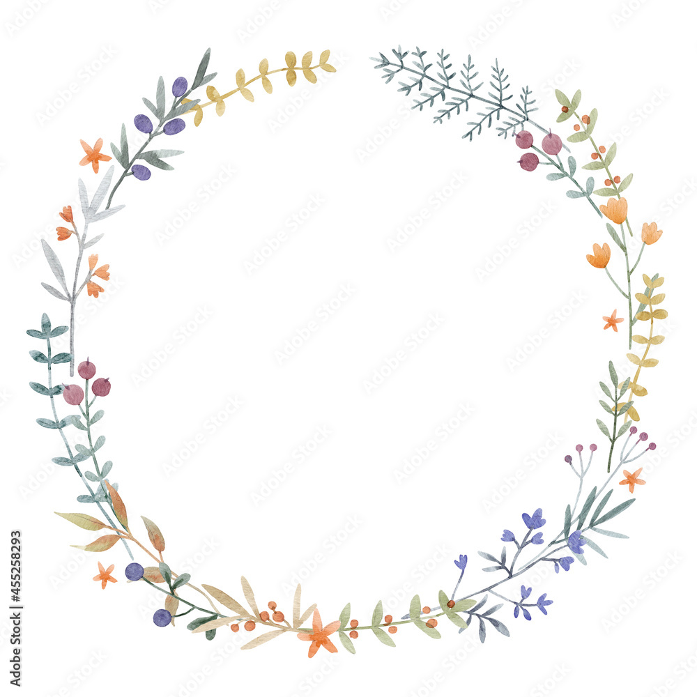 Beautiful stock illustration with hand drawn watercolor gentle floral wreath.