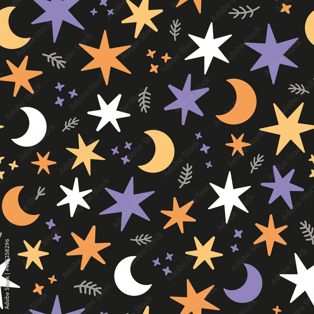 Cute colorful Halloween moon and stars pattern, seamless halloween background, vector illustration Cute colorful Halloween moon and stars pattern, seamless halloween background, vector illustration